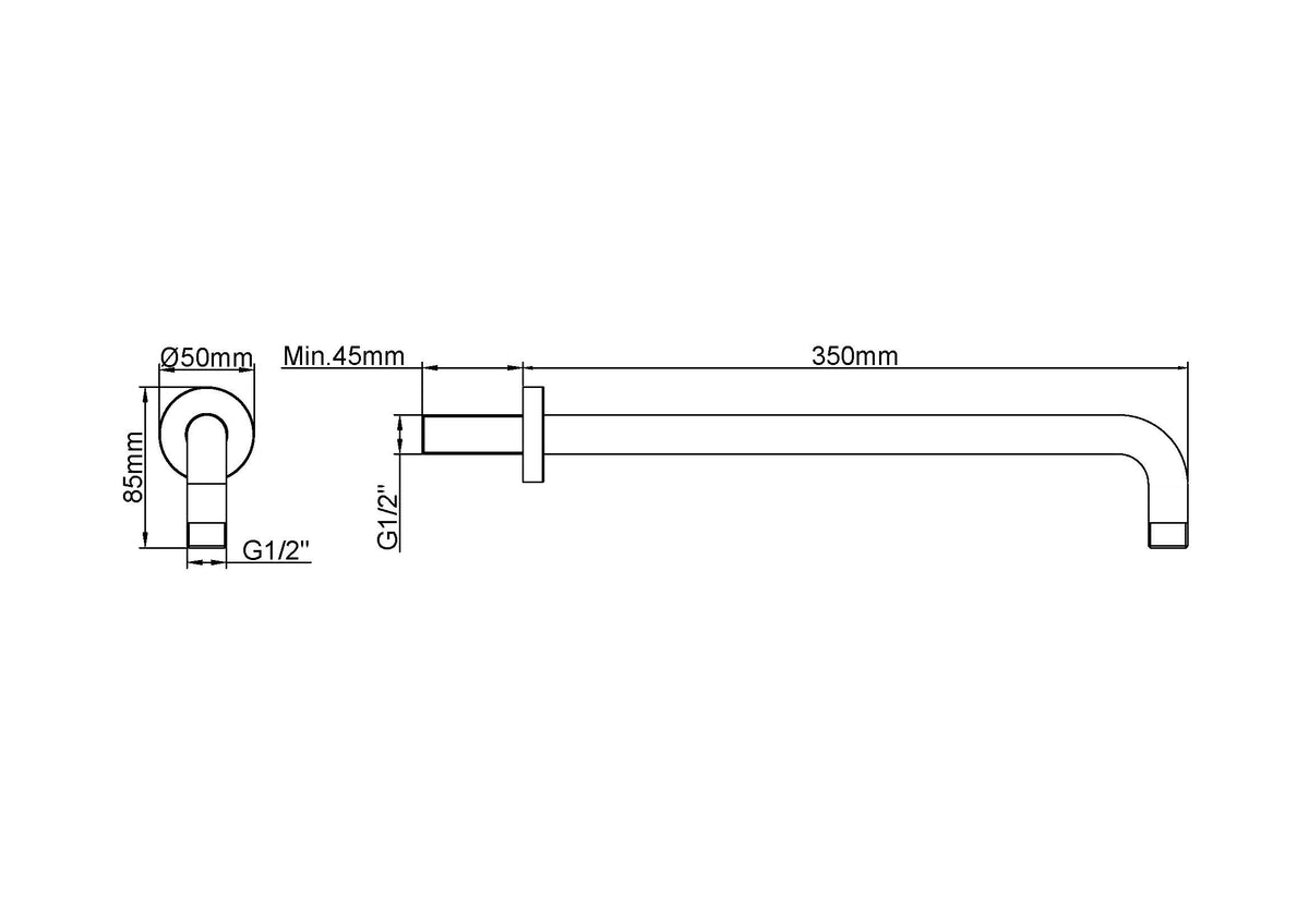 Maattekening UniMatch douchearm rond met muurbevestiging 35cm Gunmetal PVD