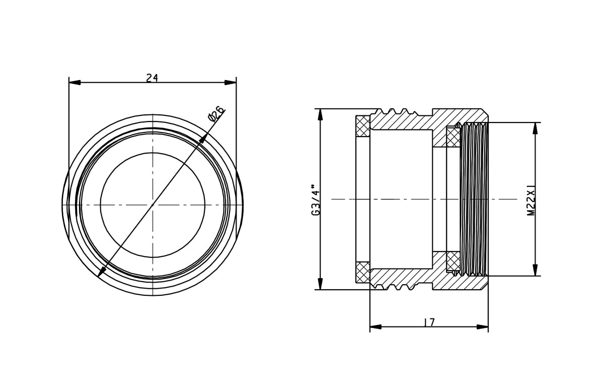 Lijntekening Verloopnippel M22 bi x 3/4 inch bu chroom
