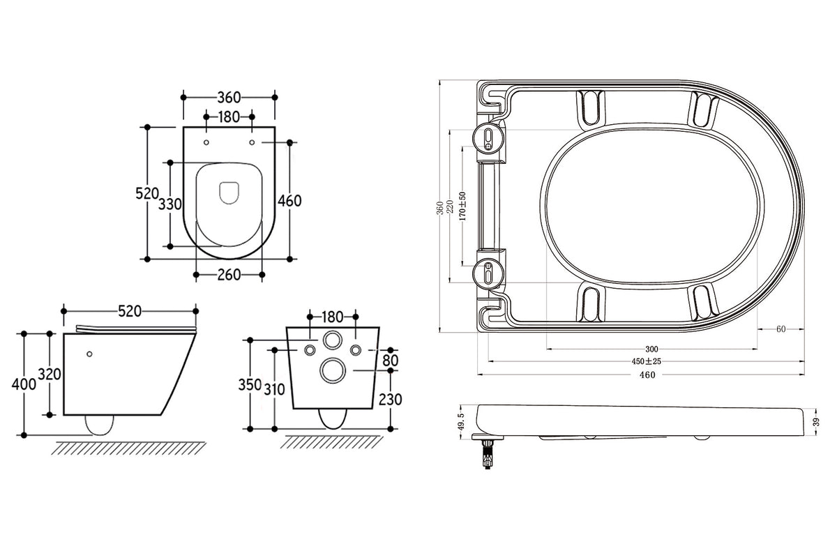 Maattekening Vesta wandcloset rimless met bidetkraan Vesta toiletzitting Koud water Mat zwart