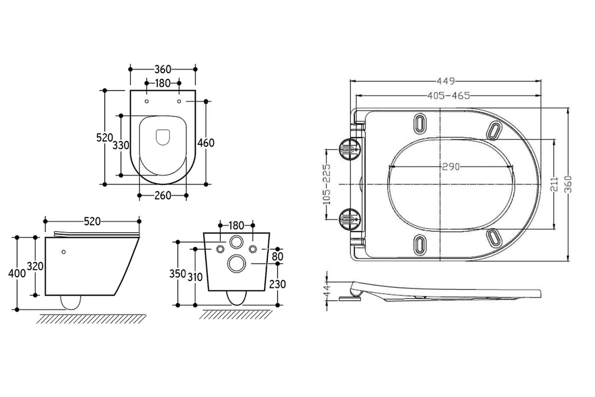 Maattekening Vesta wandcloset rimless met bidetkraan Shade slim toiletzitting Koud water Mat zwart