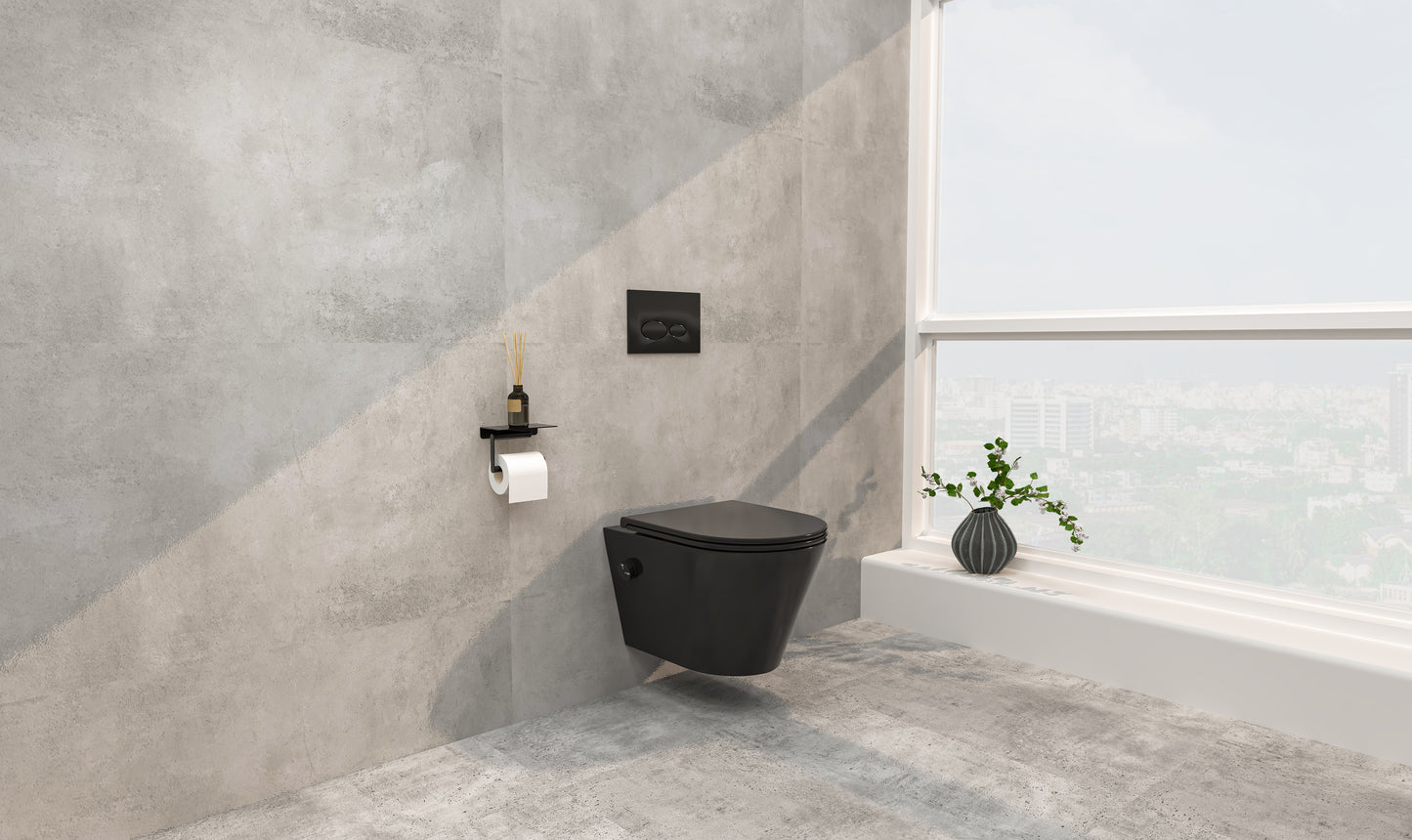 Vesta wandcloset rimless met bidetkraan koud water met Flatline toiletzitting mat zwart - WDtegels