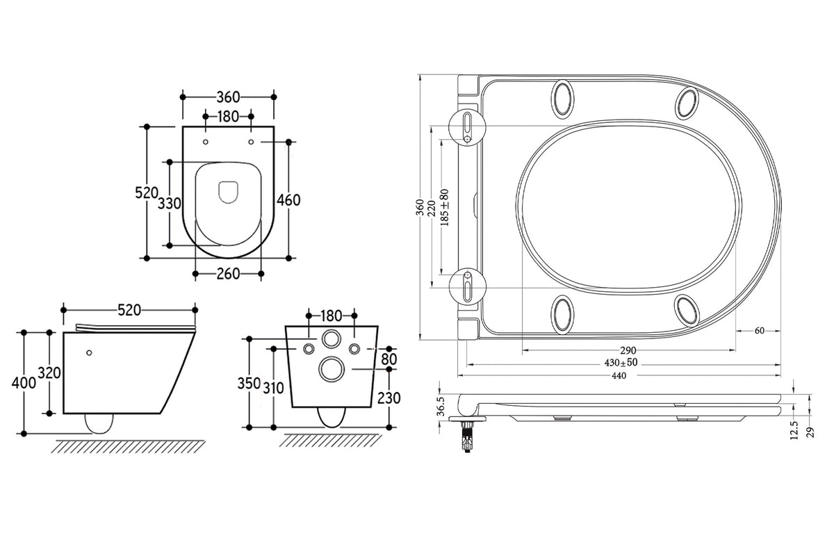 Maattekening Vesta wandcloset rimless met bidetkraan Flatline toiletzitting Koud water Mat wit
