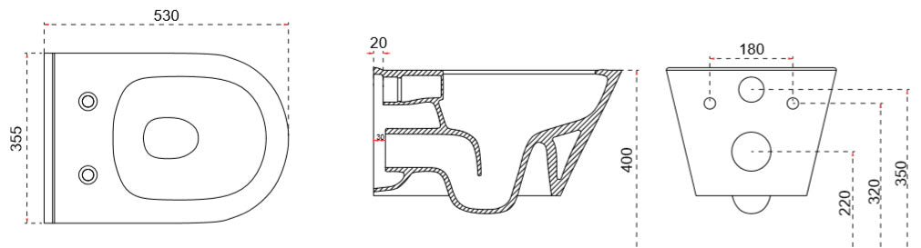 Maattekening Stereo wandcloset rimless met bidetkraan Koud water Mat zwart - tekening 2