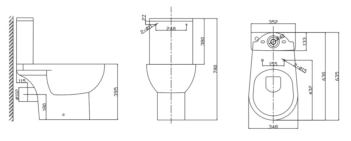 Maattekening Duoblok toilet staand rimless PK met toiletzitting Glans wit