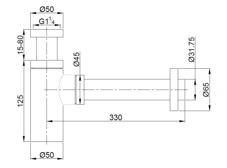 Lijntekening UniMatch wastafelsifon 5/4 inch x 32mm Mat zwart