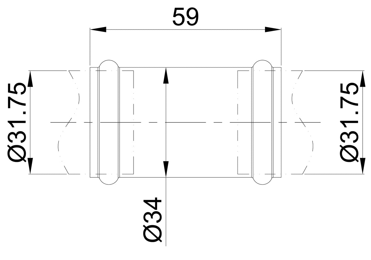 Lijntekening UniMatch buisverbinder 32mm voor vloerbuis Chroom