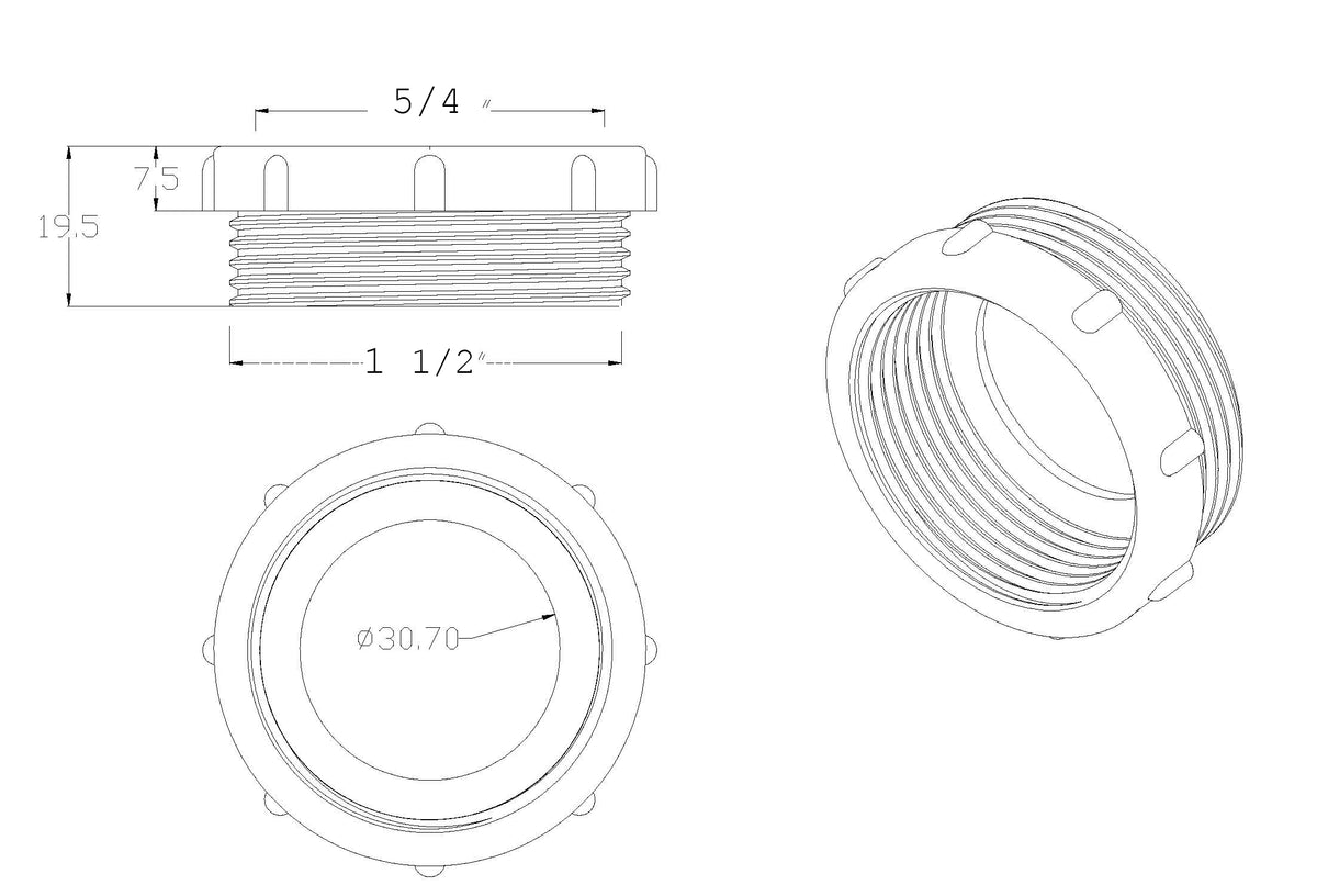 Lijntekening Verloopring 1 1/2 inch buiten x 5/4 inch binnen kunststof wit