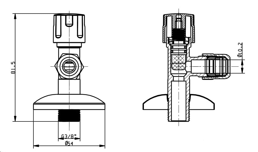 Lijntekening Hoekstopkraan 3/8 bu x 10 zonder filter met rozet