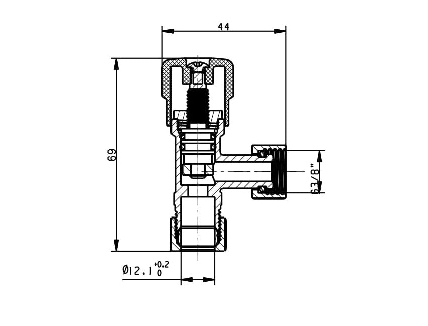 Lijntekening Hoekstopkraan KIWA 3/8 inch bi x 12mm knel verchroomd
