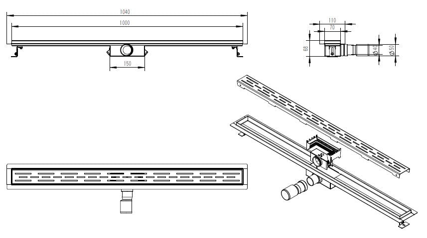 Wiesbaden Eco stainless steel shower drain with flange 100cm