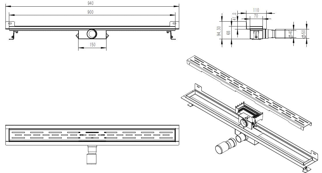Wiesbaden Eco stainless steel shower drain with wall flange 90cm