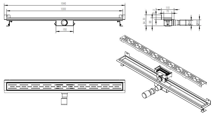 Wiesbaden Eco stainless steel shower drain with wall flange 100cm