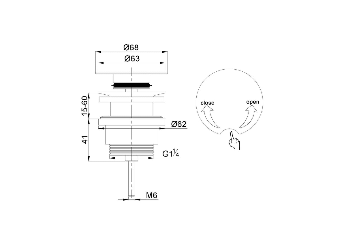 Lijntekening Flowe draaiwaste afvoerplug 5/4 inch mat zwart