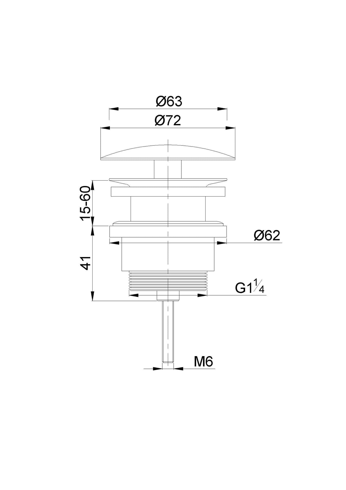 Lijntekening UniMatch open afvoerplug 5/4 inch geborsteld staal