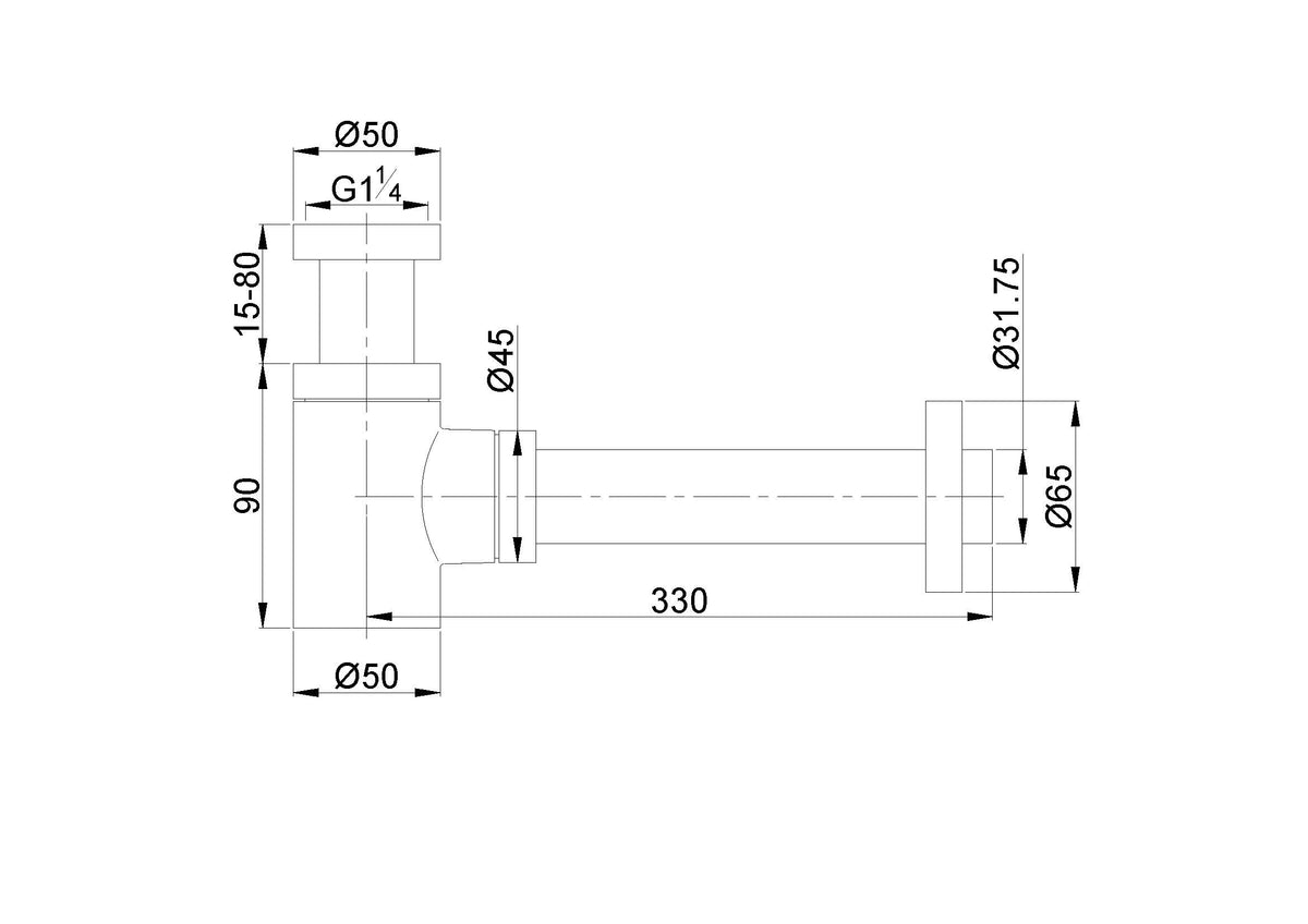 Lijntekening UniMatch fonteinsifon 5/4 inch x 32mm Mat zwart