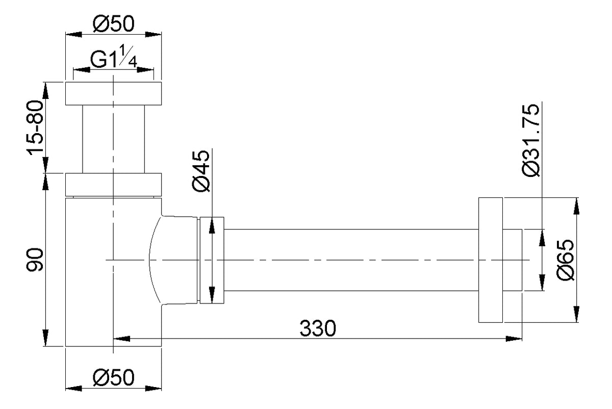 Lijntekening UniMatch fonteinsifon 5/4 inch x 32mm Gunmetal