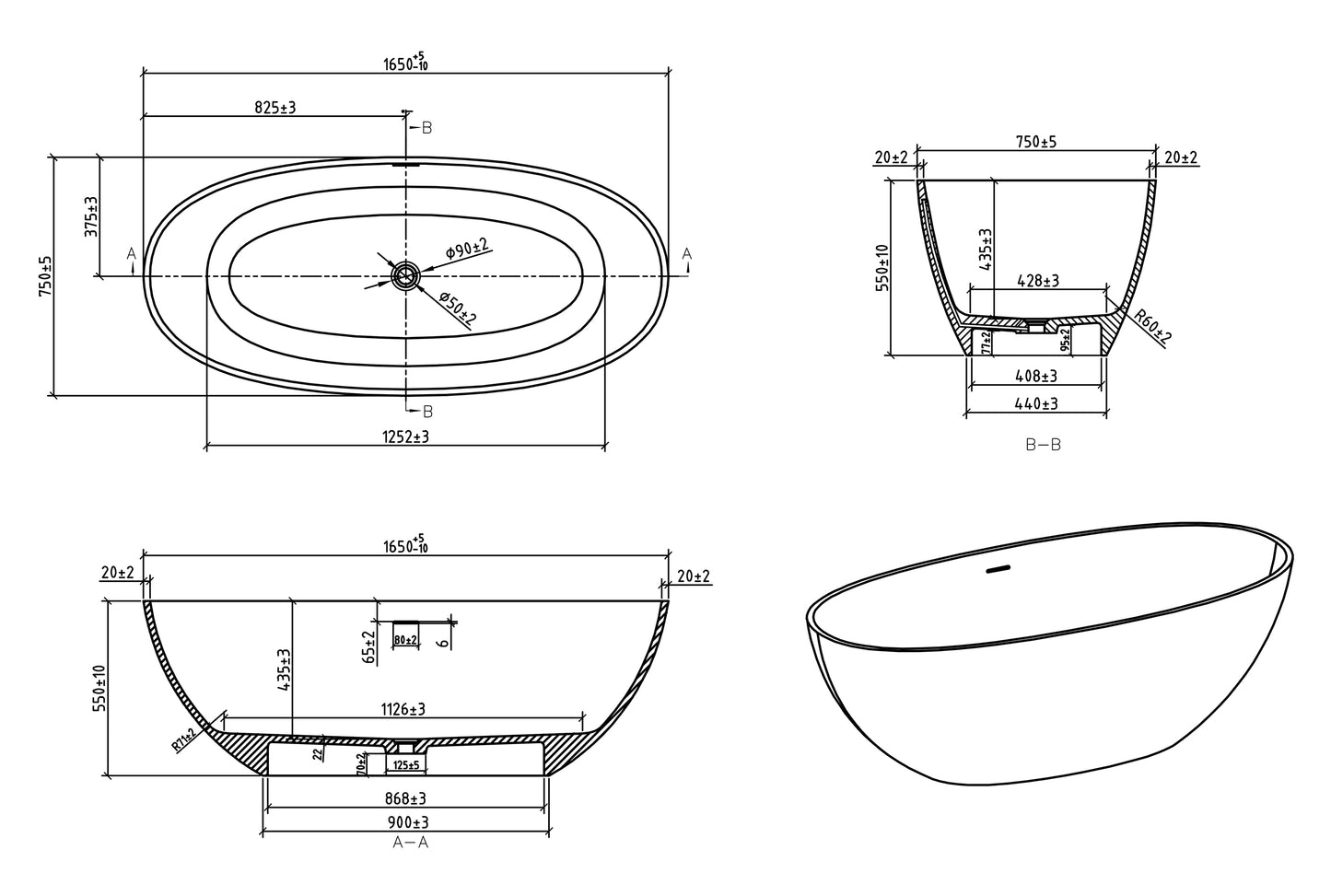 Chic freestanding bathtub 165 x 75 cm solid surface matt white