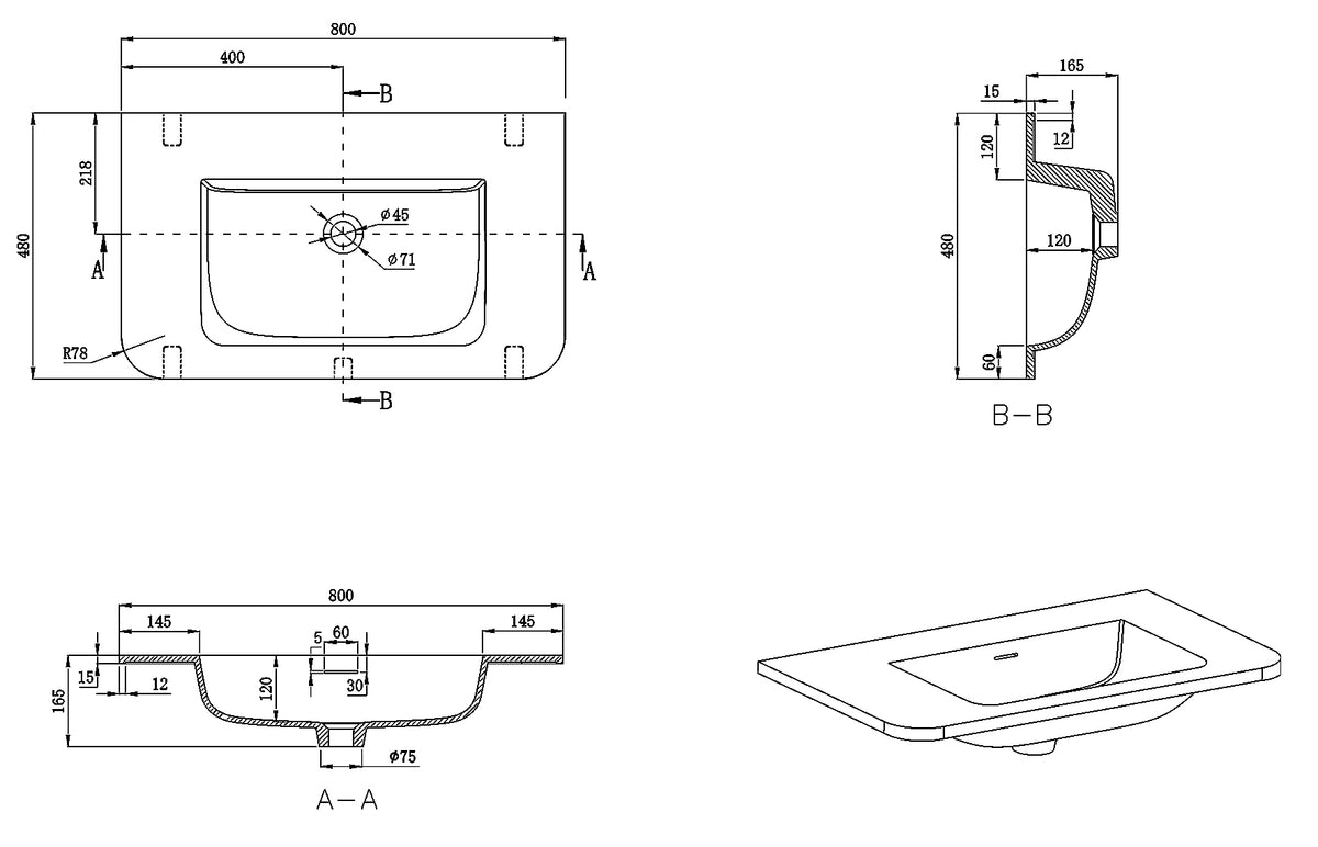 Lijntekening Laro meubelwastafel 80 x 48 x 1,5 cm solid surface mat wit
