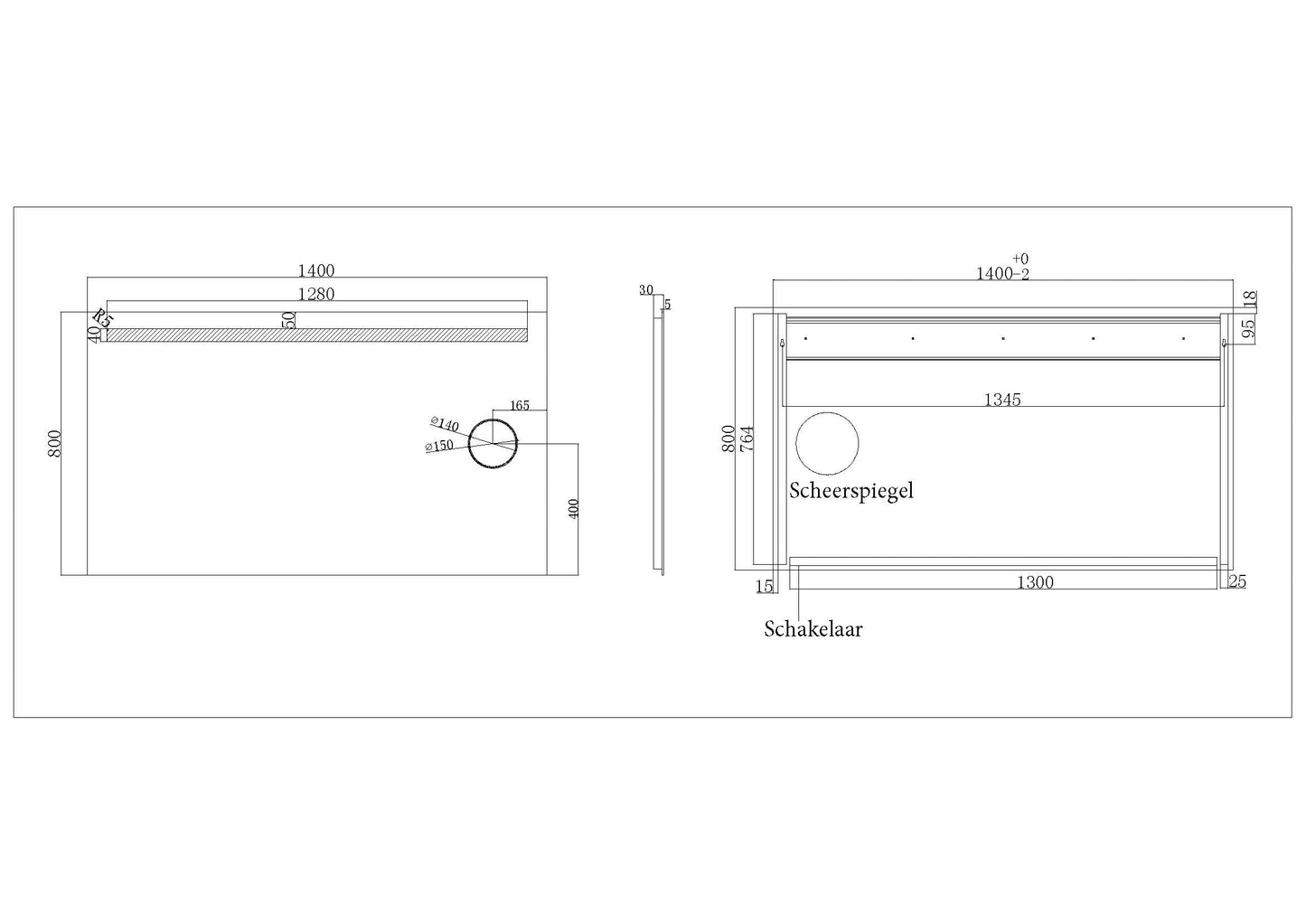 Tigris spiegel 140 x 80 cm rechthoek met LED en scheerspiegel - WDtegels