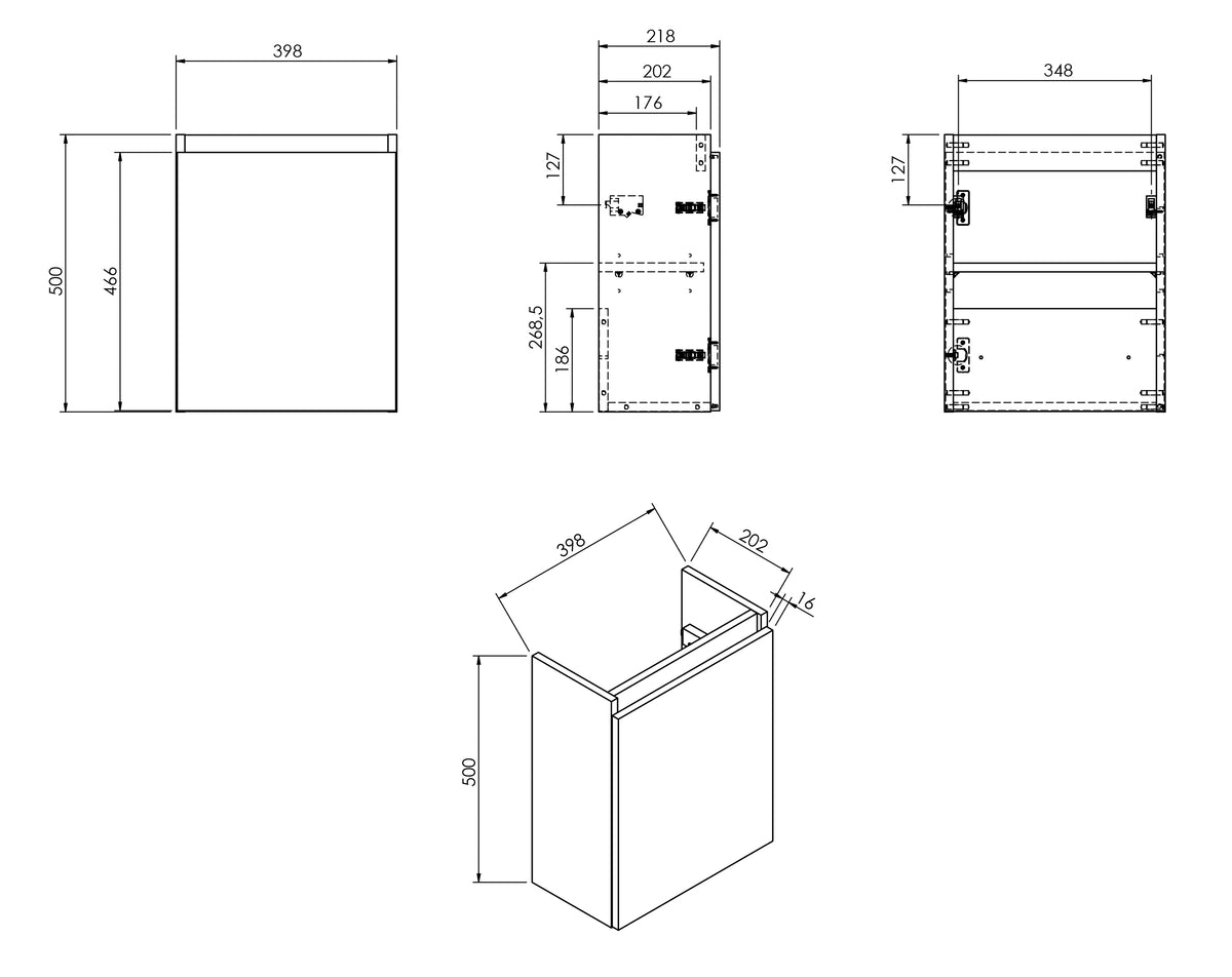 Maattekening Alvara fonteinkast 40x22x50cm warm eiken