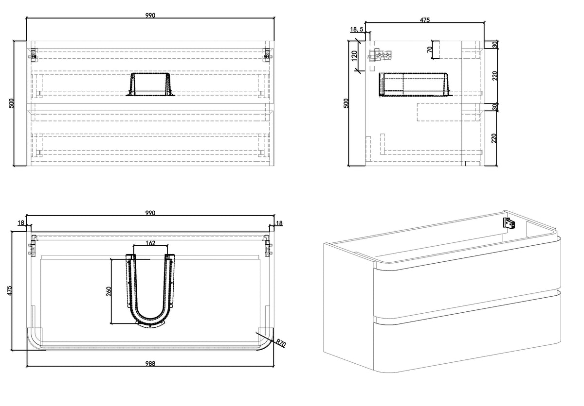 Maattekening Novira onderkast 100x48cm mat wit