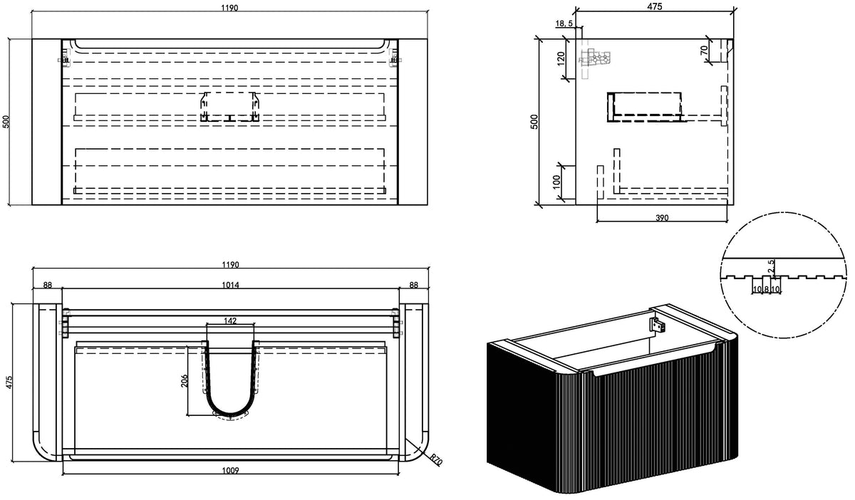 Maattekening Sulora geribbelde onderkast 120x48cm bruin eiken