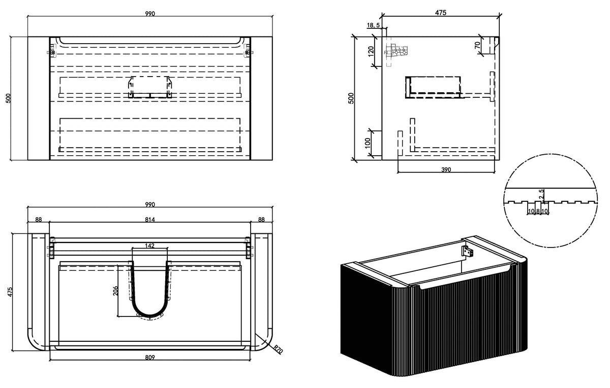 Maattekening Sulora geribbelde onderkast 100x48cm walnoot
