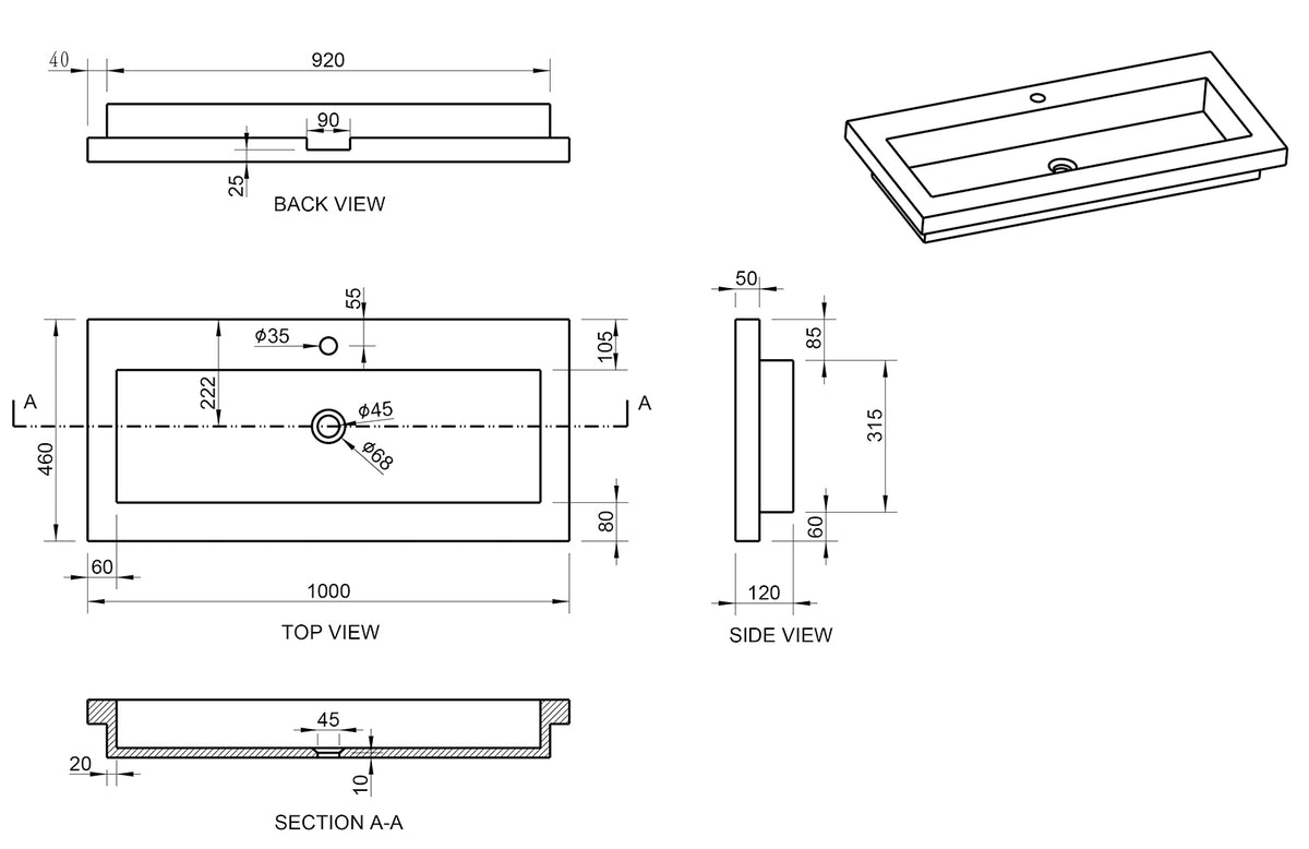 Lijntekening Raw meubelwastafel 100 x 46 x 5 cm hardsteen gezoet