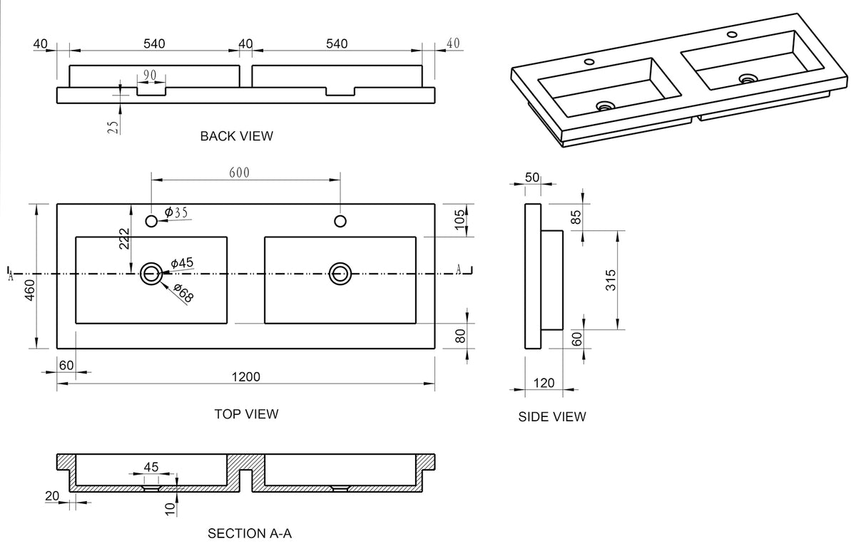 Lijntekening Raw dubbele meubelwastafel 120 x 46 x 5 cm hardsteen gezoet