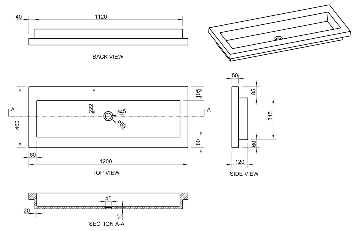 Lijntekening Raw meubelwastafel 120 x 46 x 5 cm hardsteen gezoet