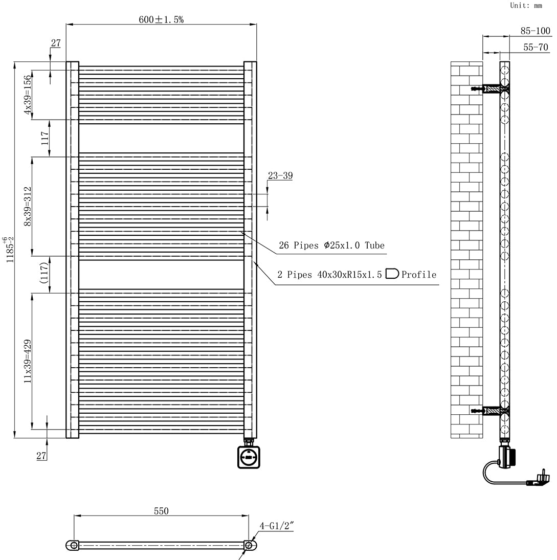 Maattekening Elara elektrische radiator Smart WiFi 118,5x60cm geborsteld messing PVD