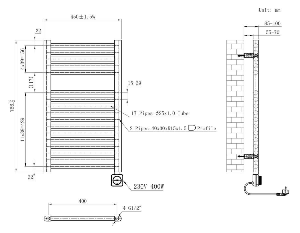 Maattekening Elara elektrische radiator Smart WiFi 76,6x45cm geborsteld brons koper PVD