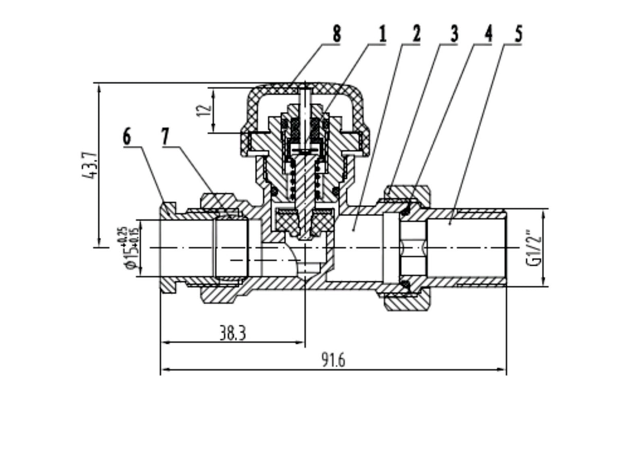 Lijntekening Thermostatisch ventiel zonder knop 1/2 inch recht met adaptor