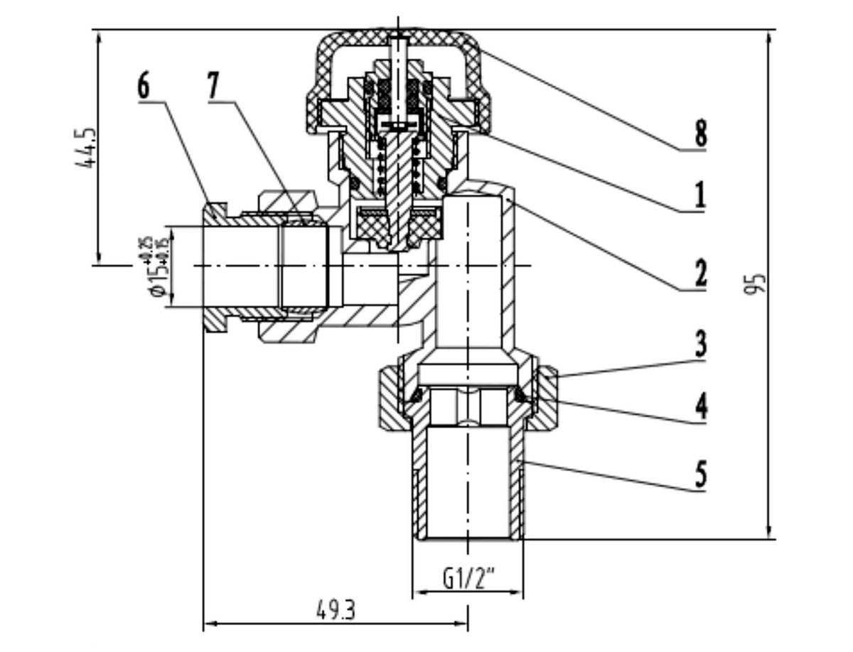 Lijntekening Thermostatisch ventiel zonder knop 1/2 inch axiaal met adaptor