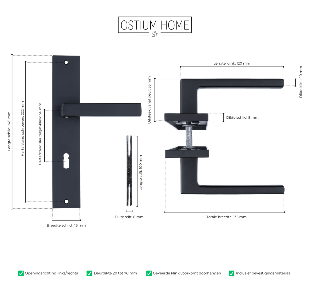 Maattekening van deurklink Veneto in zwart met sleutelgat 56 mm