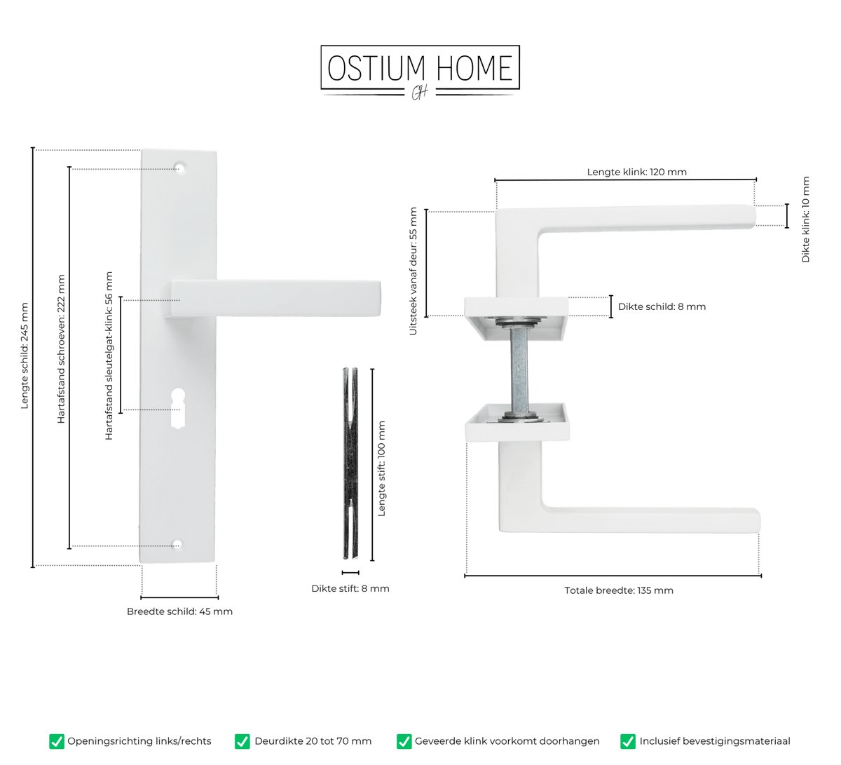Maattekening van deurklink Lorto in wit met sleutelgat 56 mm
