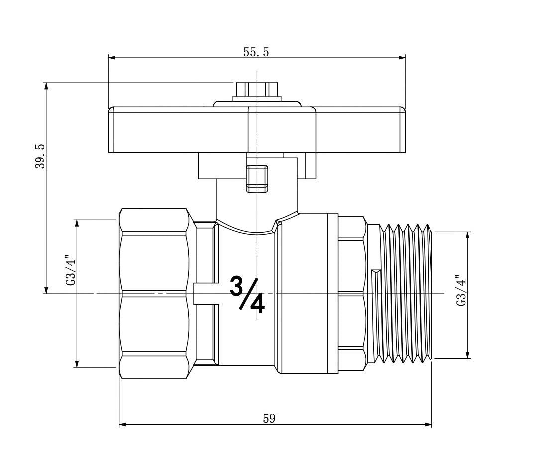 Lijntekening Kogelstopkraan met vlindergreep 3/4 inch bi x 3/4 inch bu