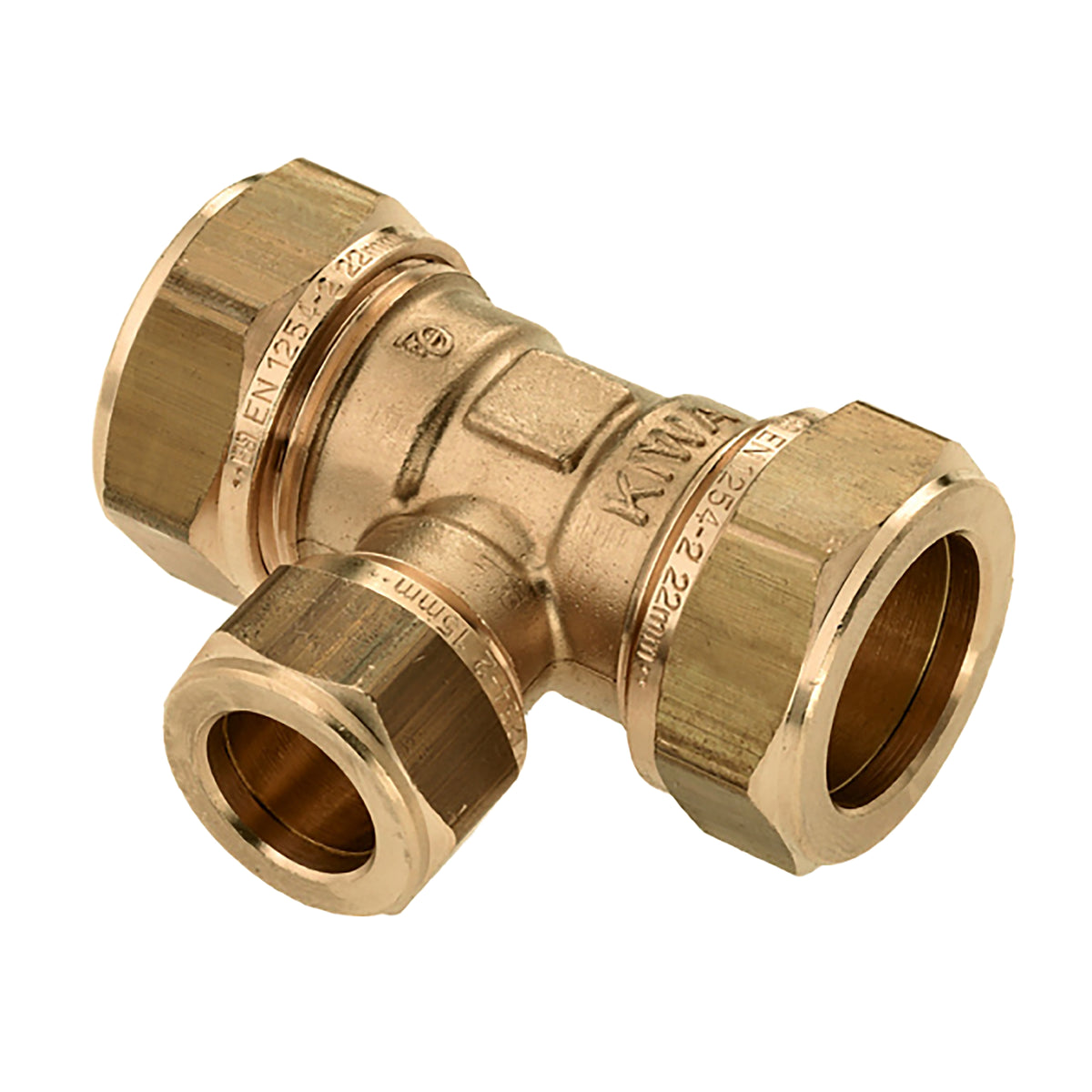 T-koppeling messing KIWA Gastec 22mm x 15mm x 22mm knel