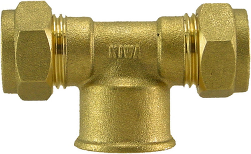Knelkoppeling T-stuk KIWA Gastec 22mm x 3/4 inch x 22mm bi messing