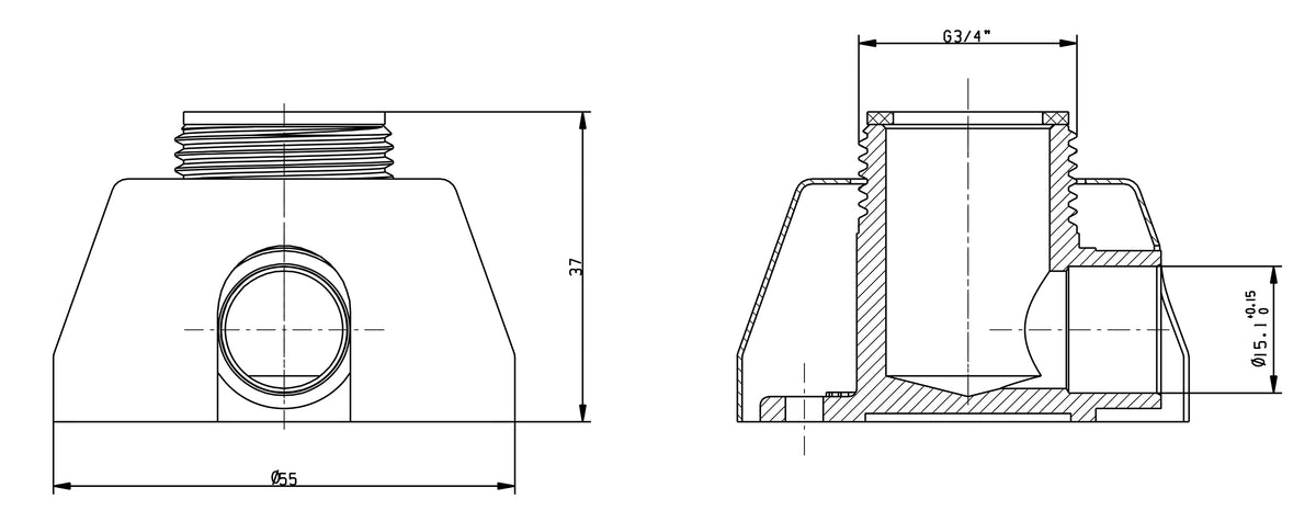 Lijntekening Muurplaatkoppeling 3/4 inch x 15mm met rozetten 2 stuks chroom