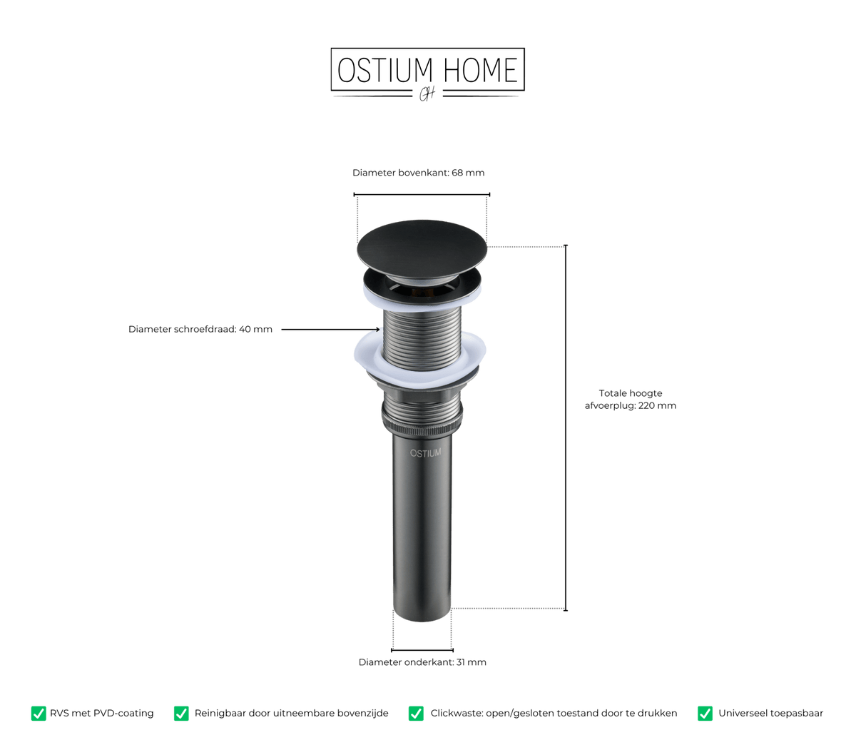 Maattekening van clickwaste afvoerplug Fluezza in gun metal
