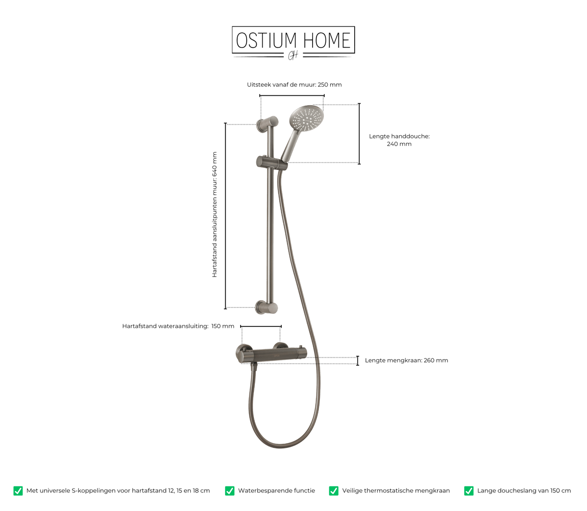 Maattekening van handdoucheset met glijstang Delfi in gun metal