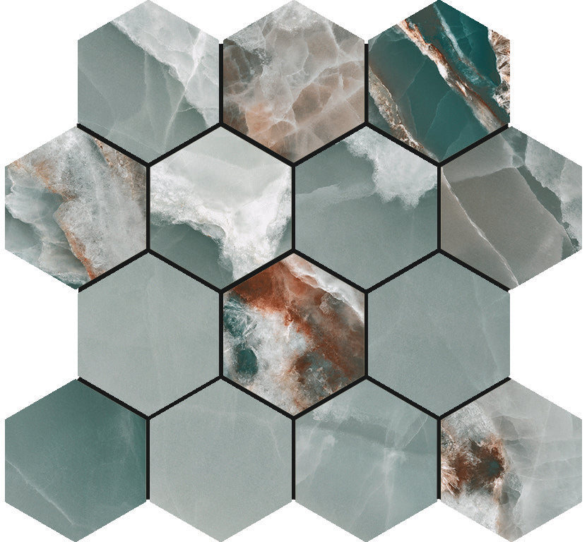 Onyx Turquoise polished mozaiek hexagon op net van 29x27cm - WDtegels