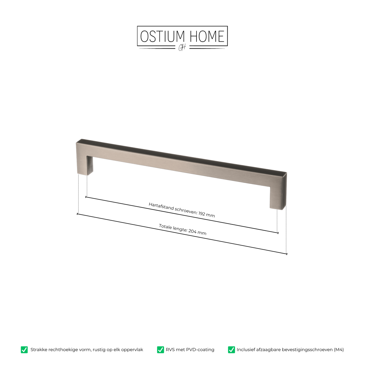 Maattekening van meubelgreep in gun metal, hartafstand 192 mm, lengte 204 mm