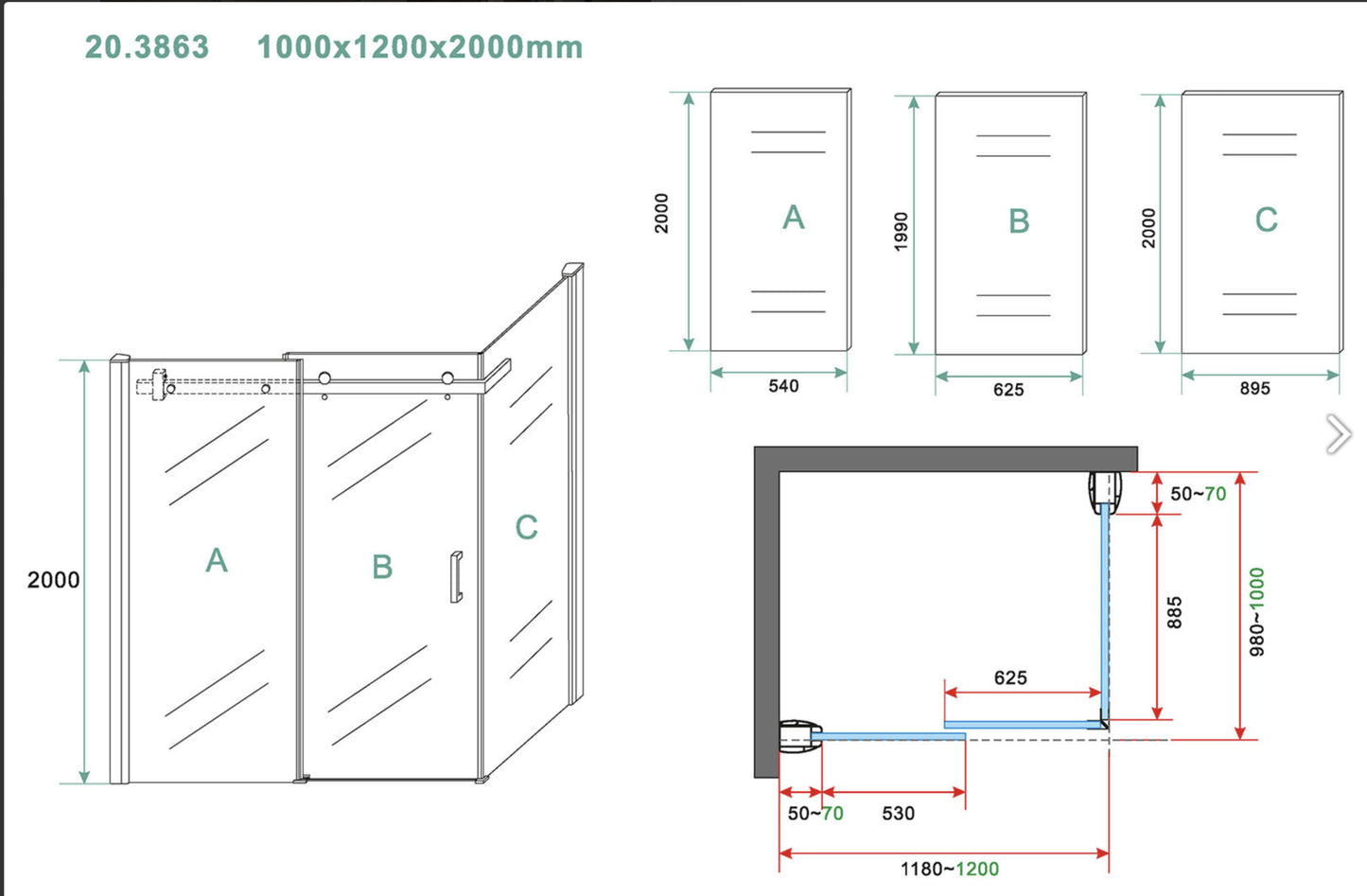Douchecabine Wiesbaden Pared 120x100x200cm 1 schuifdeur 8mm helder glas met nano