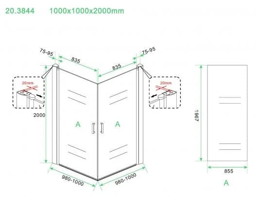 Wiesbaden Salone Douchecabine 100x100x200cm Chroom Vierkant Dubbele Draaideur 8 mm helder glas met nano-coating - WDtegels