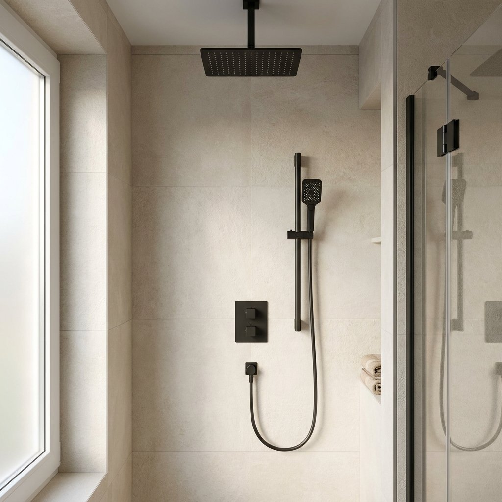 Moderne badkamer met zwarte inbouw douchekraan op lichte tegelwand, regendouche en handdouche, strak gestyled in zacht daglicht.