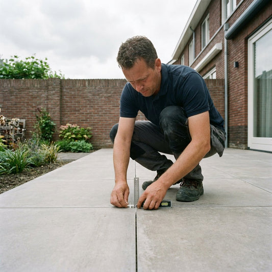 Close-up van een modern terras met grote keramische tegels en nette voegen, terwijl een vakman de voegbreedte nauwkeurig controleert.