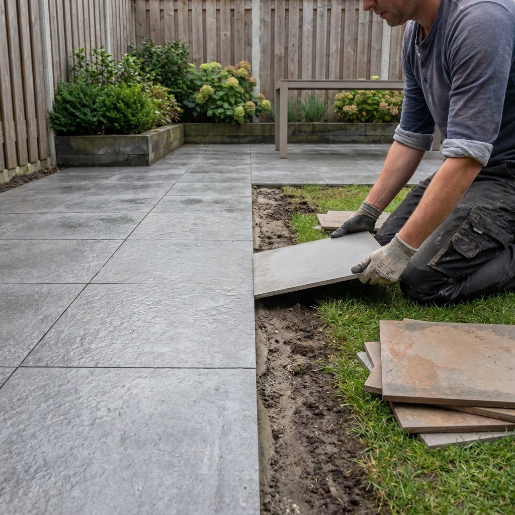 Moderne Nederlandse achtertuin met grote 60x60 tuintegels op een strak terras, waar een huiseigenaar materiaal en dikte vergelijkt in zacht daglicht.