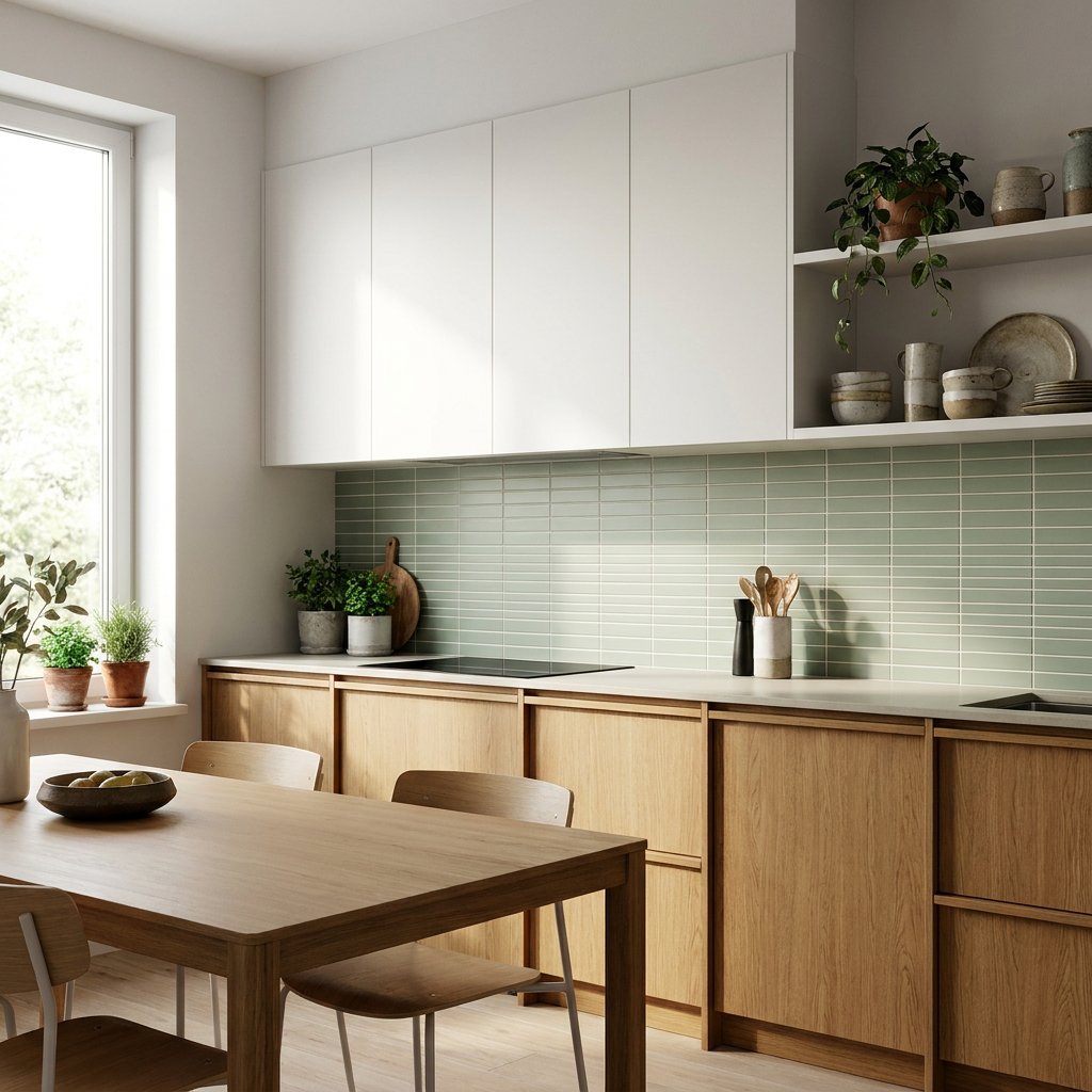 Moderne Nederlandse keuken met langwerpige wandtegels in lichte tint, fijne voeg, houten accenten en zacht daglicht op het aanrecht.